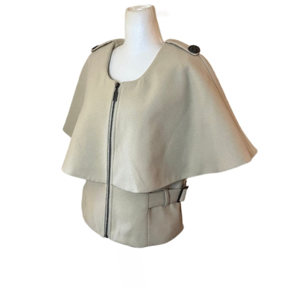 Yest Beige Cape Jacket Front Zip, Wide Collar Adjustable Side Buckles Size 8-10